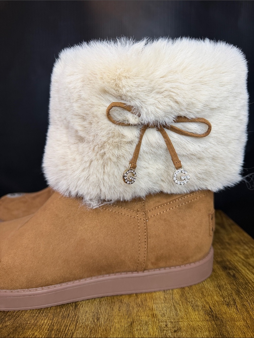 G by Guess Camel Suede Winter Boots with Cream Faux-Fur Cuff